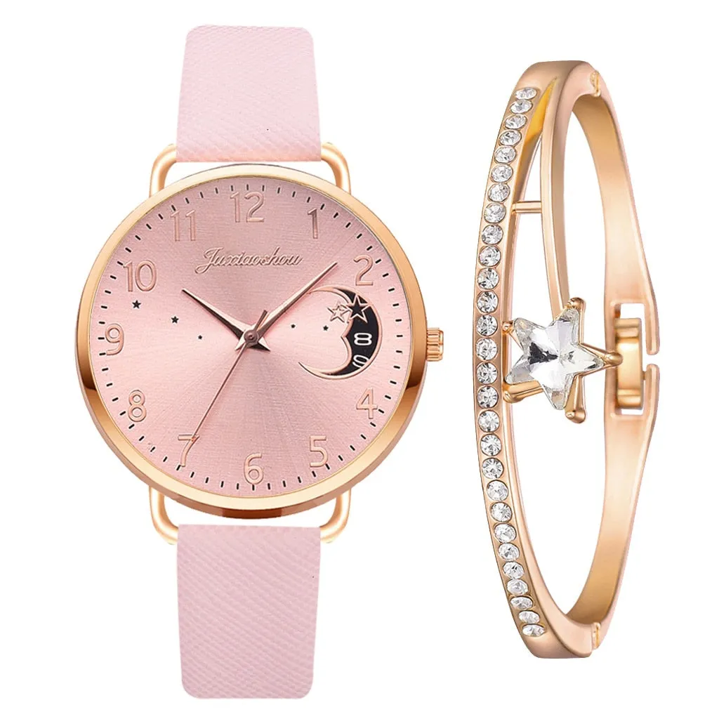 Elegant Moon Numbers Dial Watch and Bracelets Set