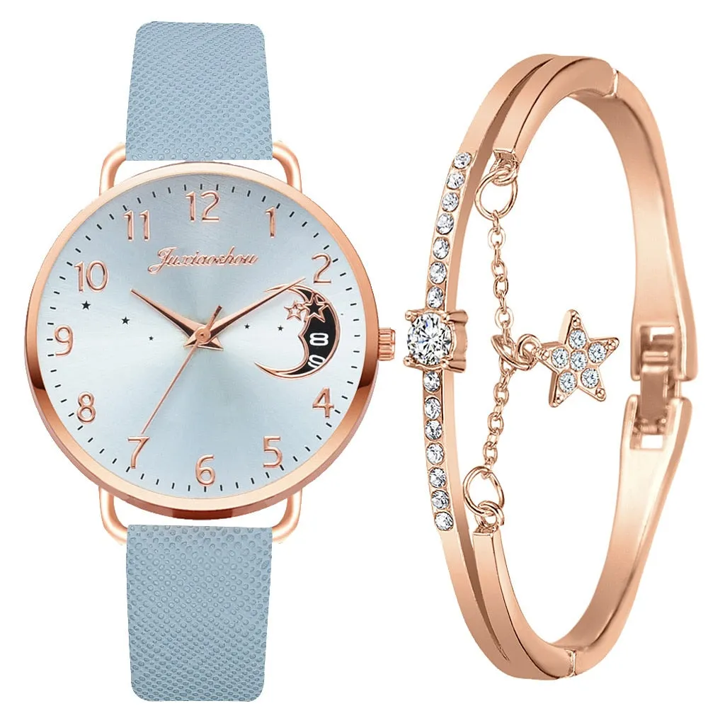 Elegant Moon Numbers Dial Watch and Bracelets Set