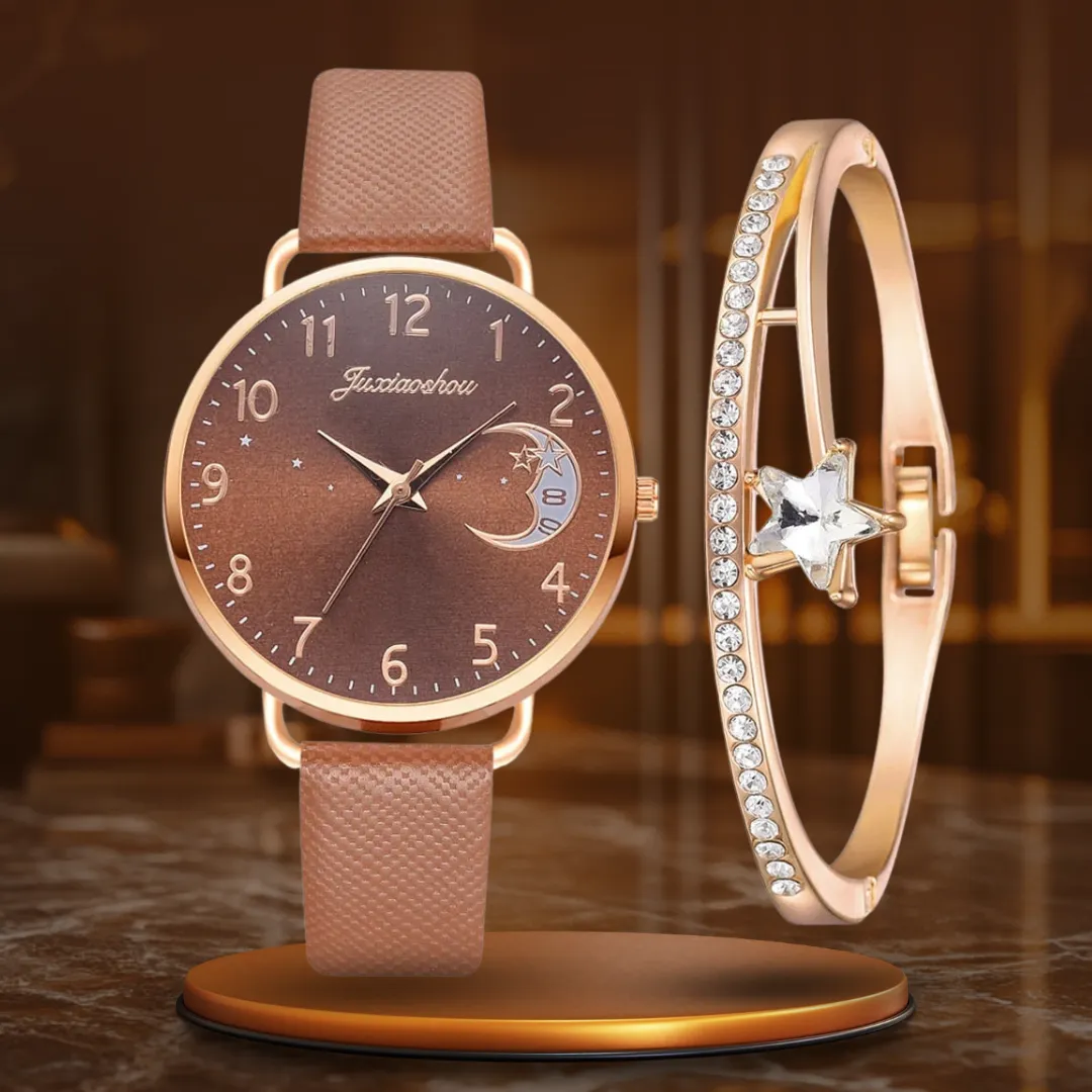 Elegant Moon Numbers Dial Watch and Bracelets Set