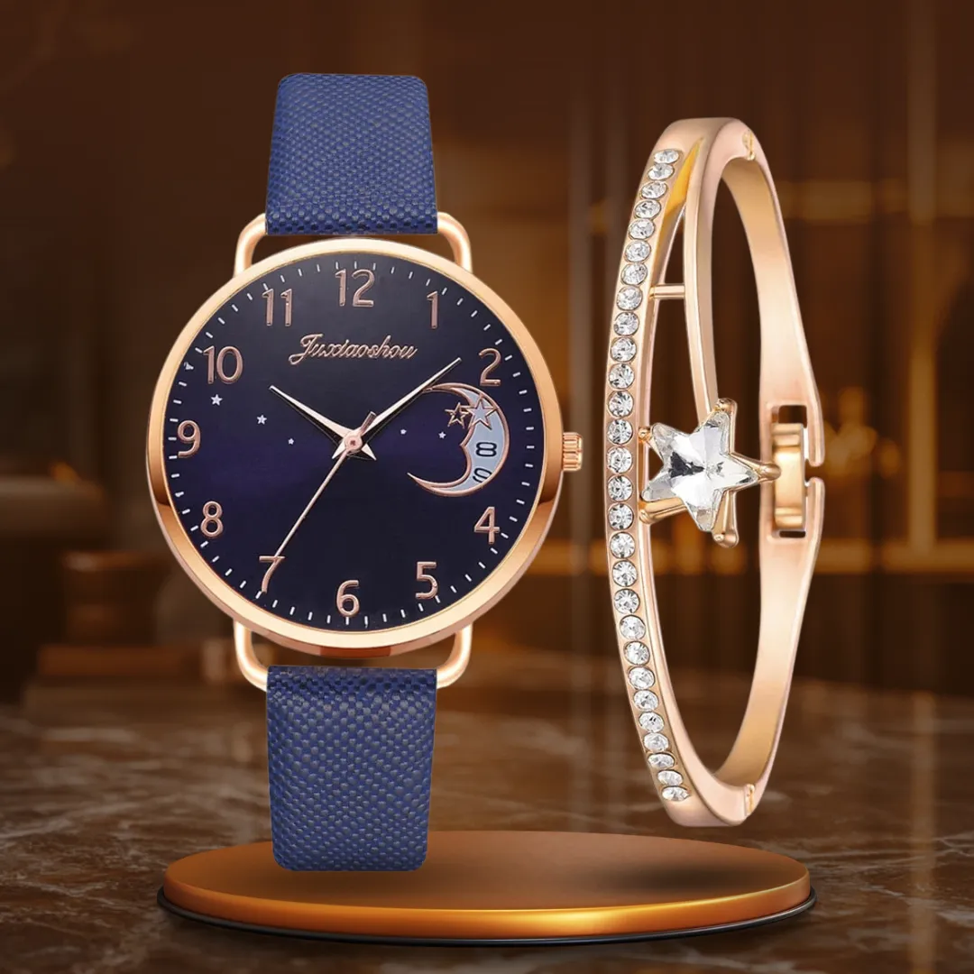 Elegant Moon Numbers Dial Watch and Bracelets Set