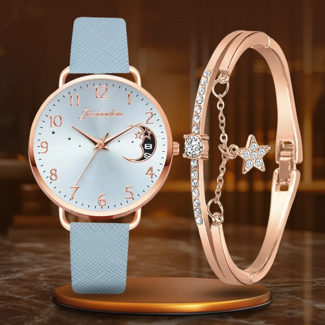 Elegant Moon Numbers Dial Watch and Bracelets Set