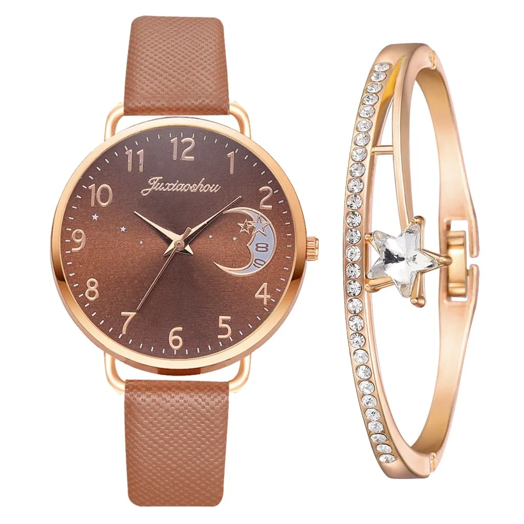 Elegant Moon Numbers Dial Watch and Bracelets Set