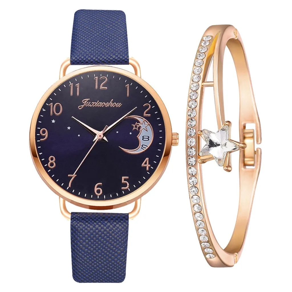 Elegant Moon Numbers Dial Watch and Bracelets Set