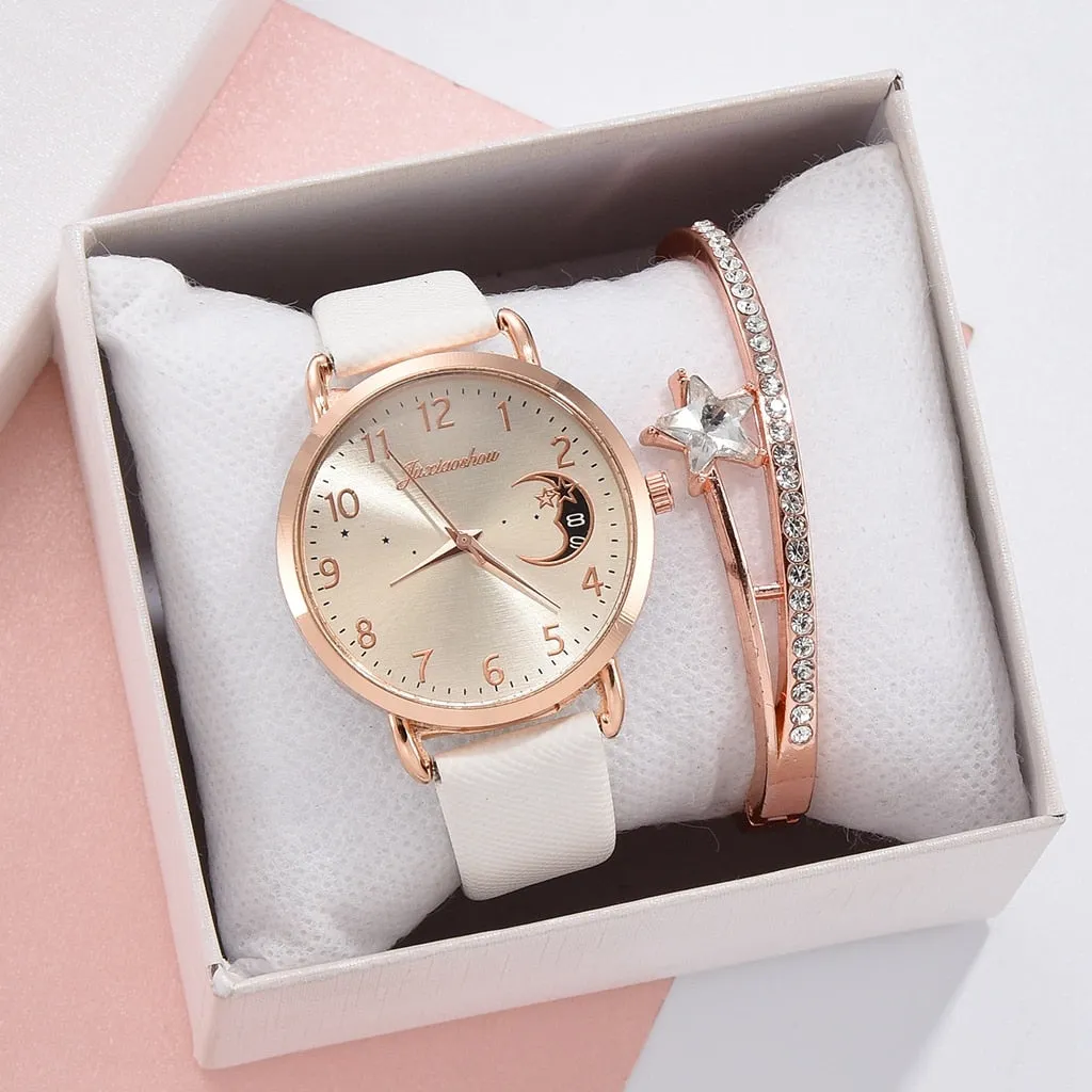 Elegant Moon Numbers Dial Watch and Bracelets Set