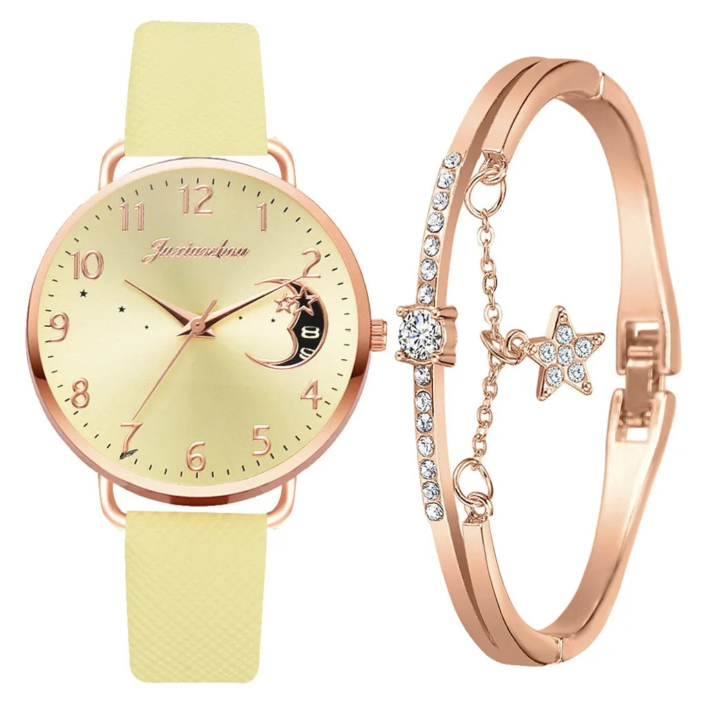 Elegant Moon Numbers Dial Watch and Bracelets Set