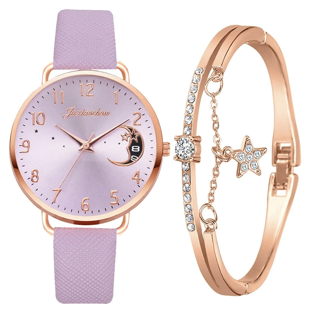 Elegant Moon Numbers Dial Watch and Bracelets Set