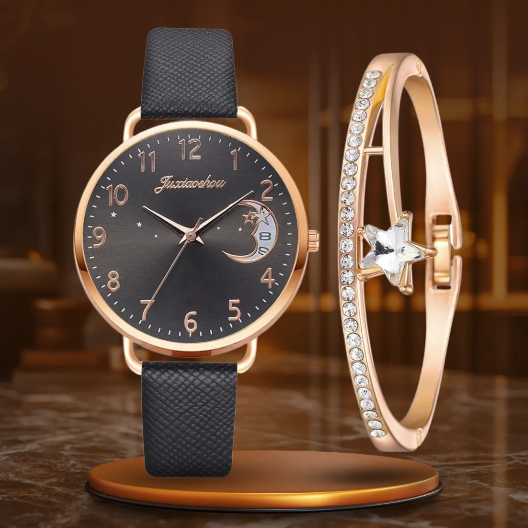 Elegant Moon Numbers Dial Watch and Bracelets Set