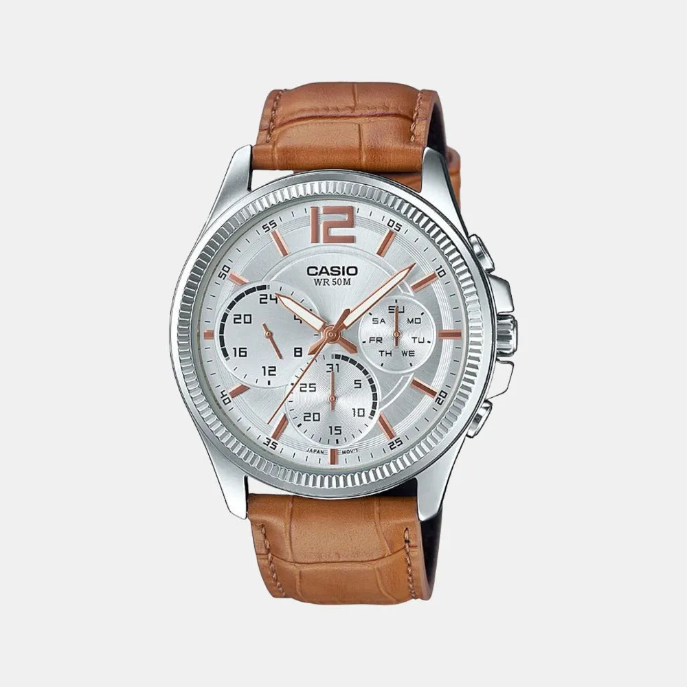 Enticer Men's Silver Dial Chronograph Leather Watch A1890 - MTP-E305HL-7A2VIF