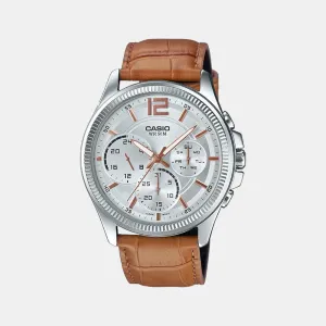 Enticer Men's Silver Dial Chronograph Leather Watch A1890 - MTP-E305HL-7A2VIF