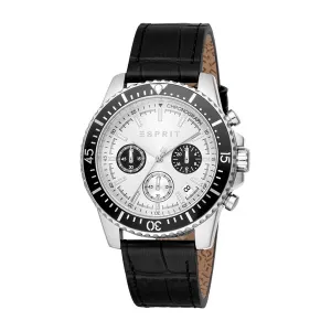 ESPRIT Hudson Chronograph Gents Silver Dial  SIlver Stainless Steel Case Black Leather Strap Watch