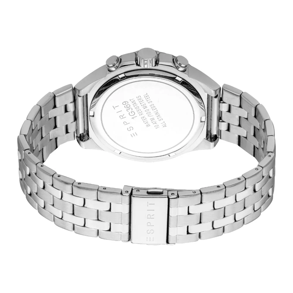 ESPRIT Men's Chronograph Watch, Silver Color Case with Black Dial and Stainless Steel Bracelet, Water Resistant up to 10 ATM