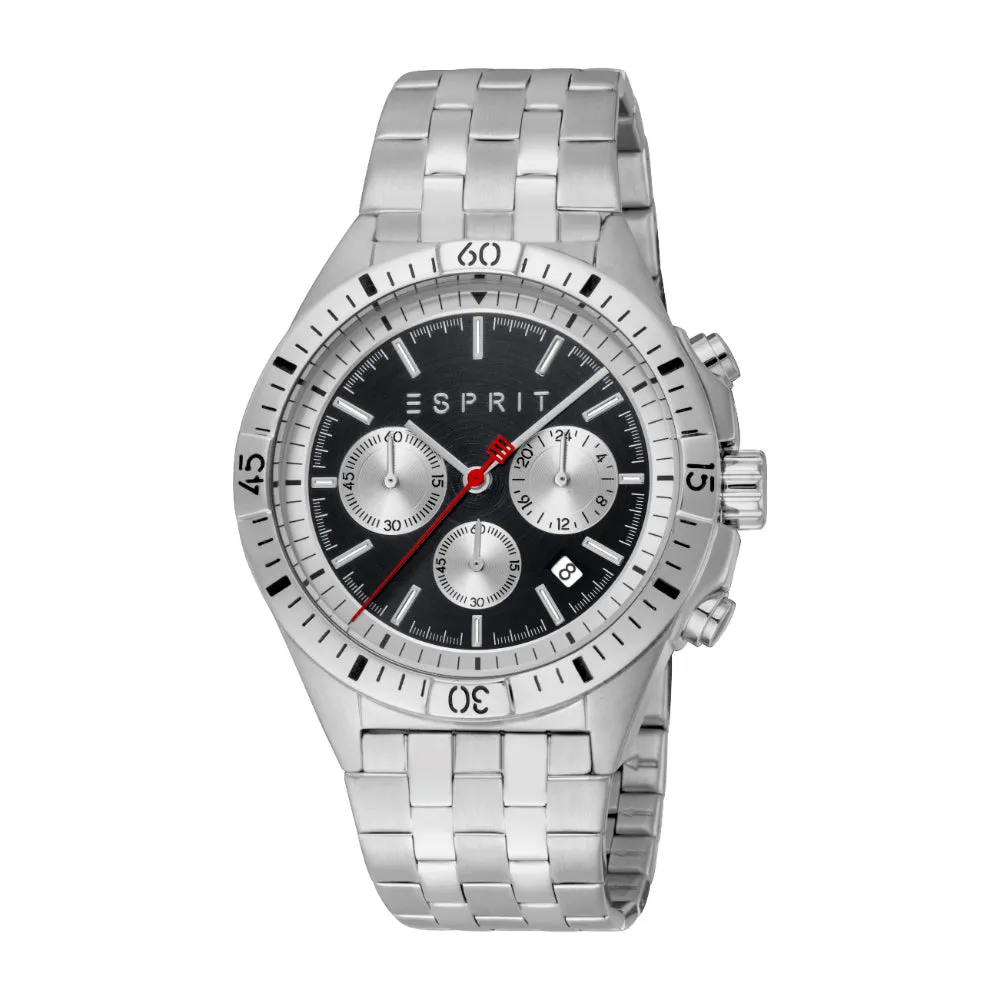 ESPRIT Men's Chronograph Watch, Silver Color Case with Black Dial and Stainless Steel Bracelet, Water Resistant up to 10 ATM