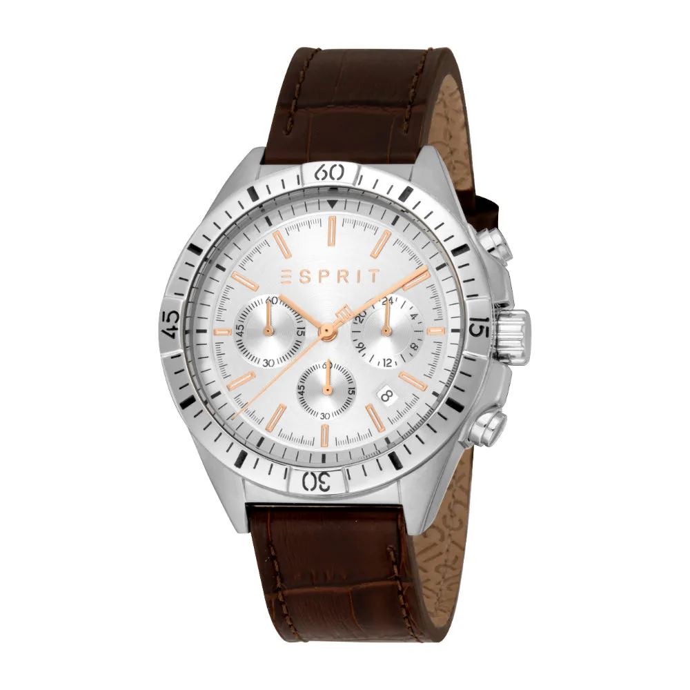 ESPRIT Men's Silver Watch with Silver Dial and Dark Brown Leather Strap, Chronograph, 10 ATM