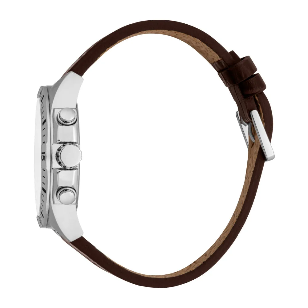 ESPRIT Men's Silver Watch with Silver Dial and Dark Brown Leather Strap, Chronograph, 10 ATM
