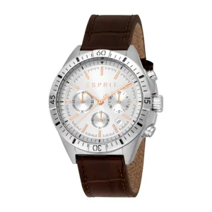 ESPRIT Men's Silver Watch with Silver Dial and Dark Brown Leather Strap, Chronograph, 10 ATM