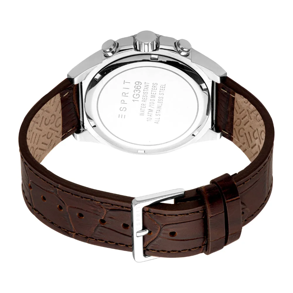 ESPRIT Men's Silver Watch with Silver Dial and Dark Brown Leather Strap, Chronograph, 10 ATM