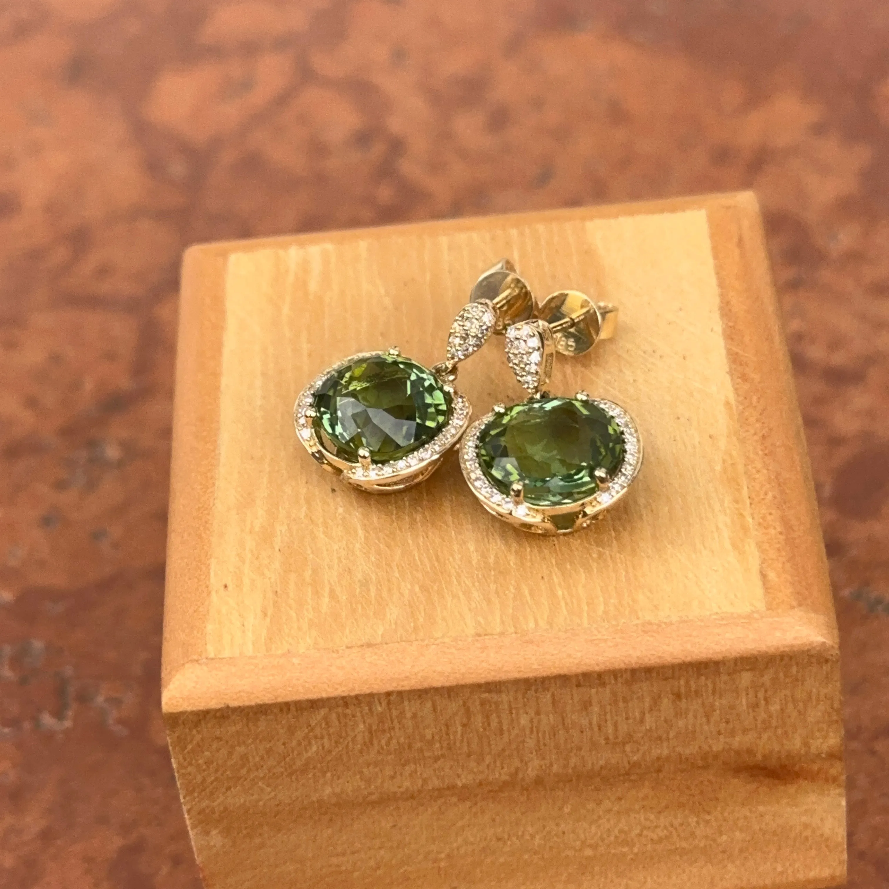 Estate 14KT Yellow Gold Green Tourmaline   Pave Diamond Earrings