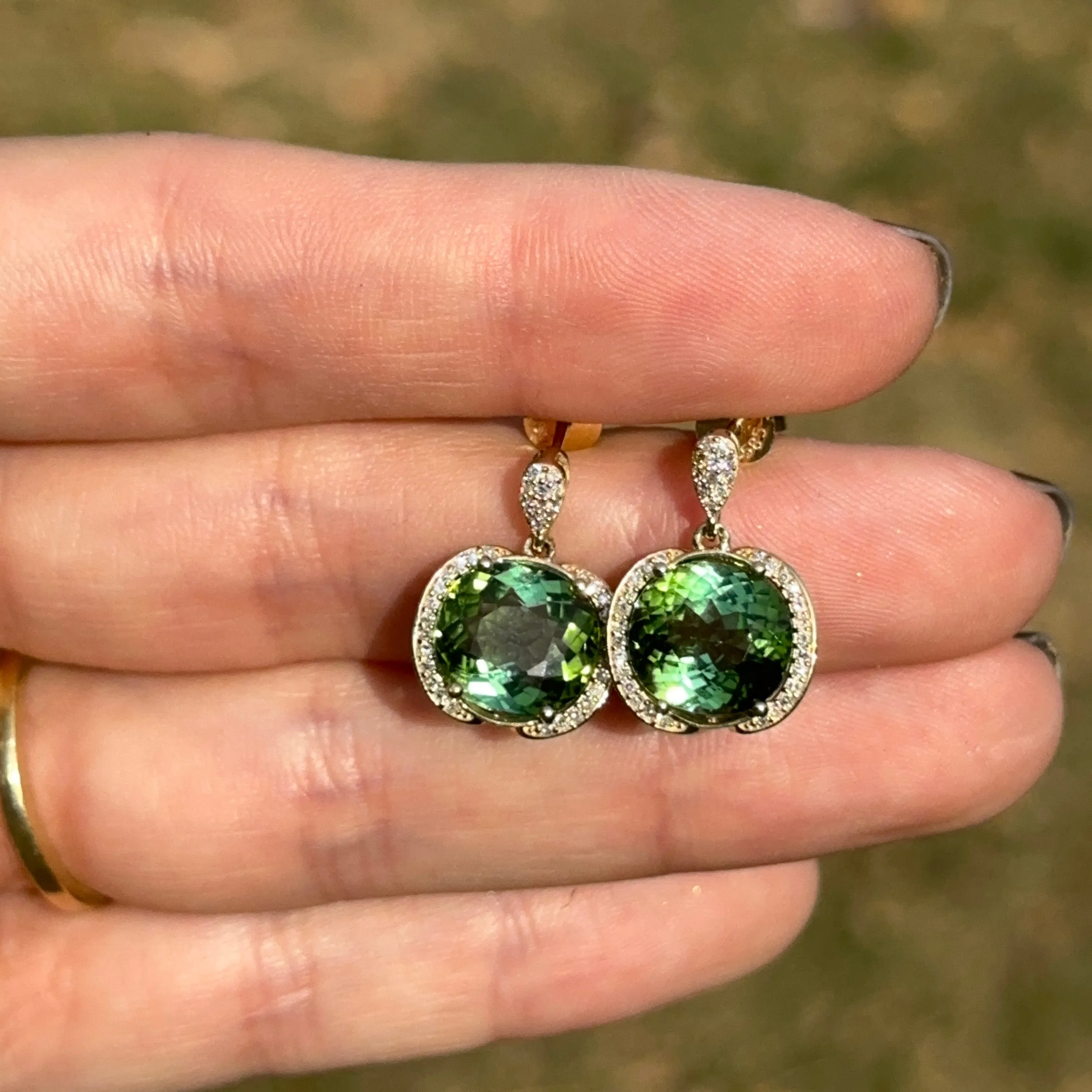 Estate 14KT Yellow Gold Green Tourmaline   Pave Diamond Earrings