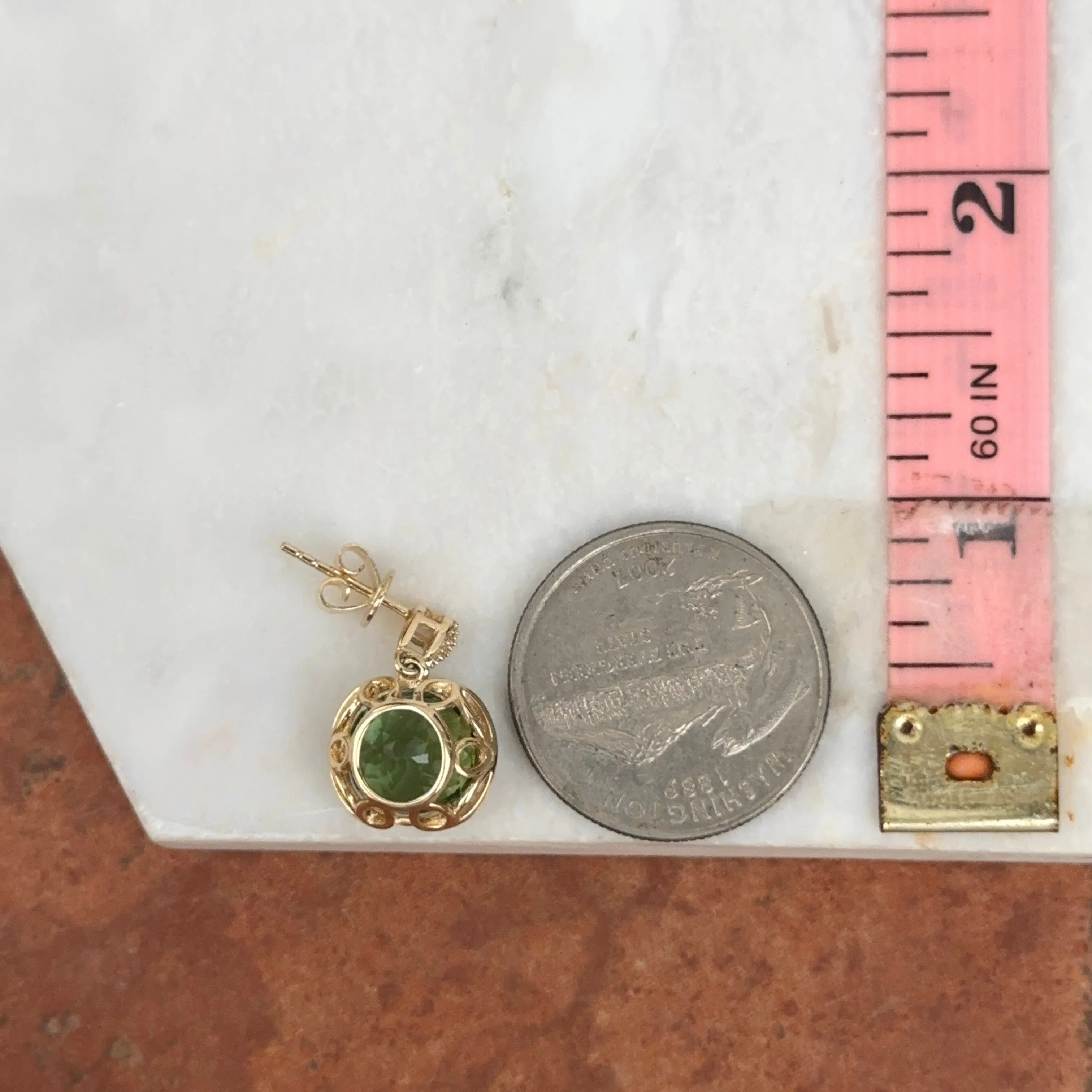 Estate 14KT Yellow Gold Green Tourmaline   Pave Diamond Earrings