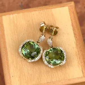 Estate 14KT Yellow Gold Green Tourmaline   Pave Diamond Earrings