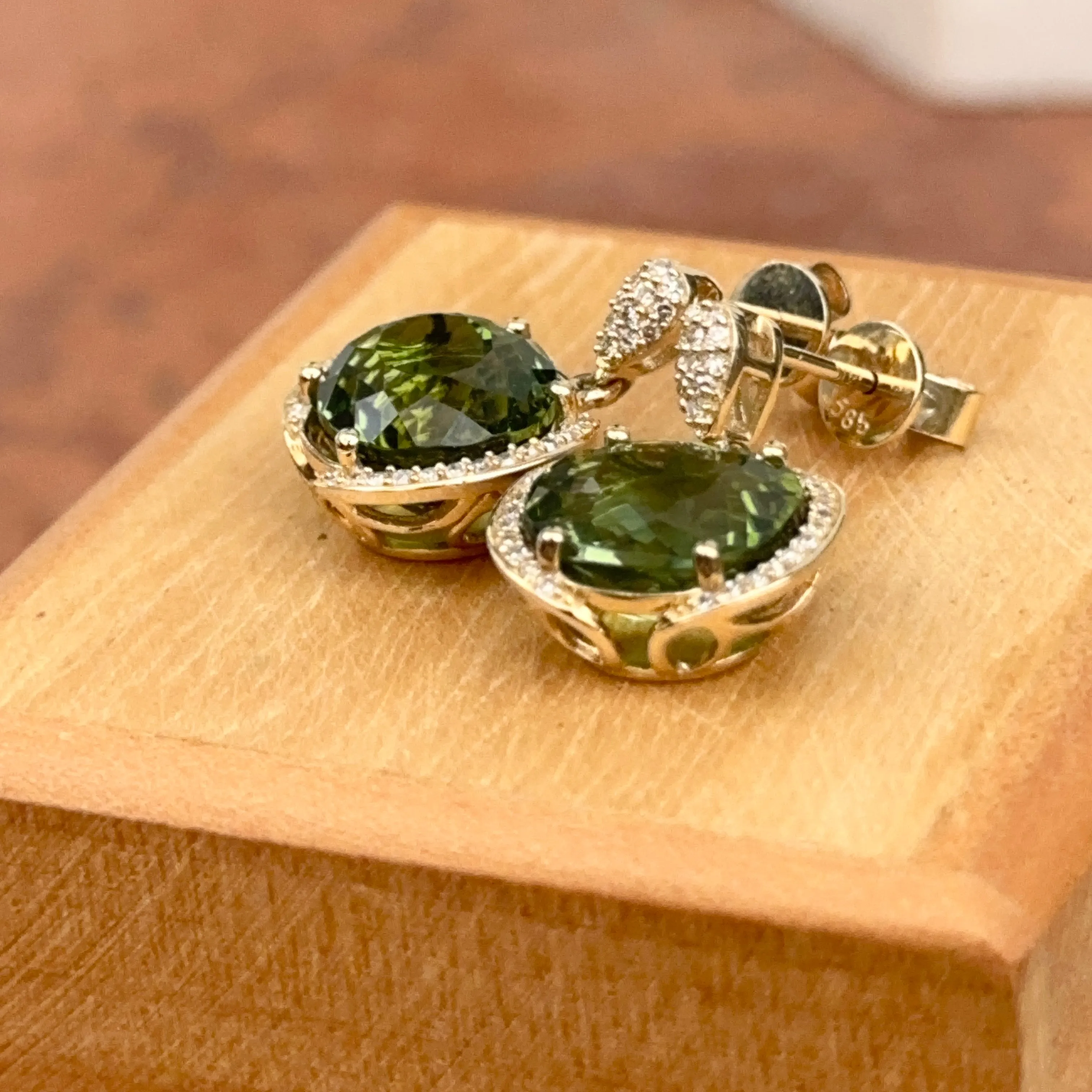 Estate 14KT Yellow Gold Green Tourmaline   Pave Diamond Earrings