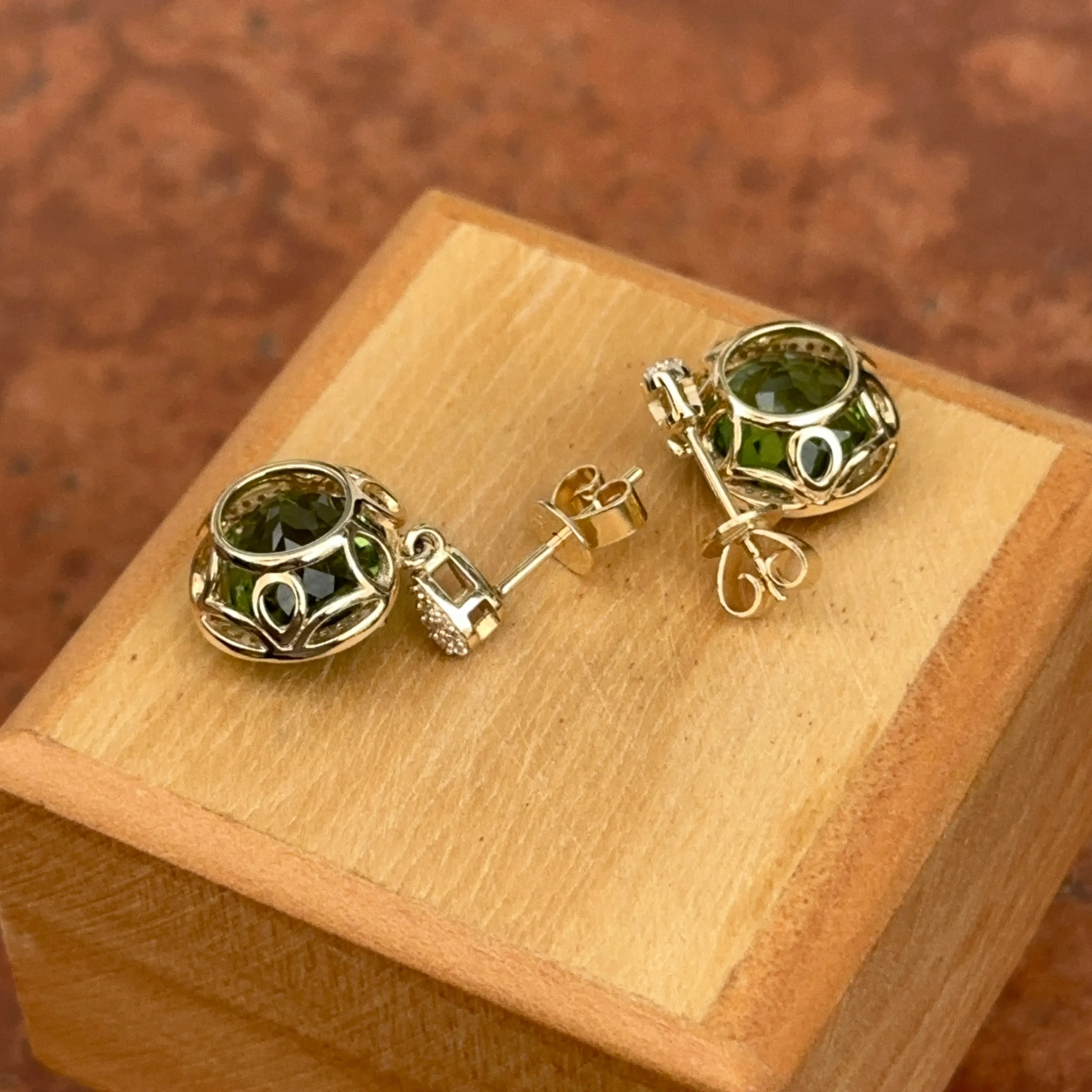 Estate 14KT Yellow Gold Green Tourmaline   Pave Diamond Earrings