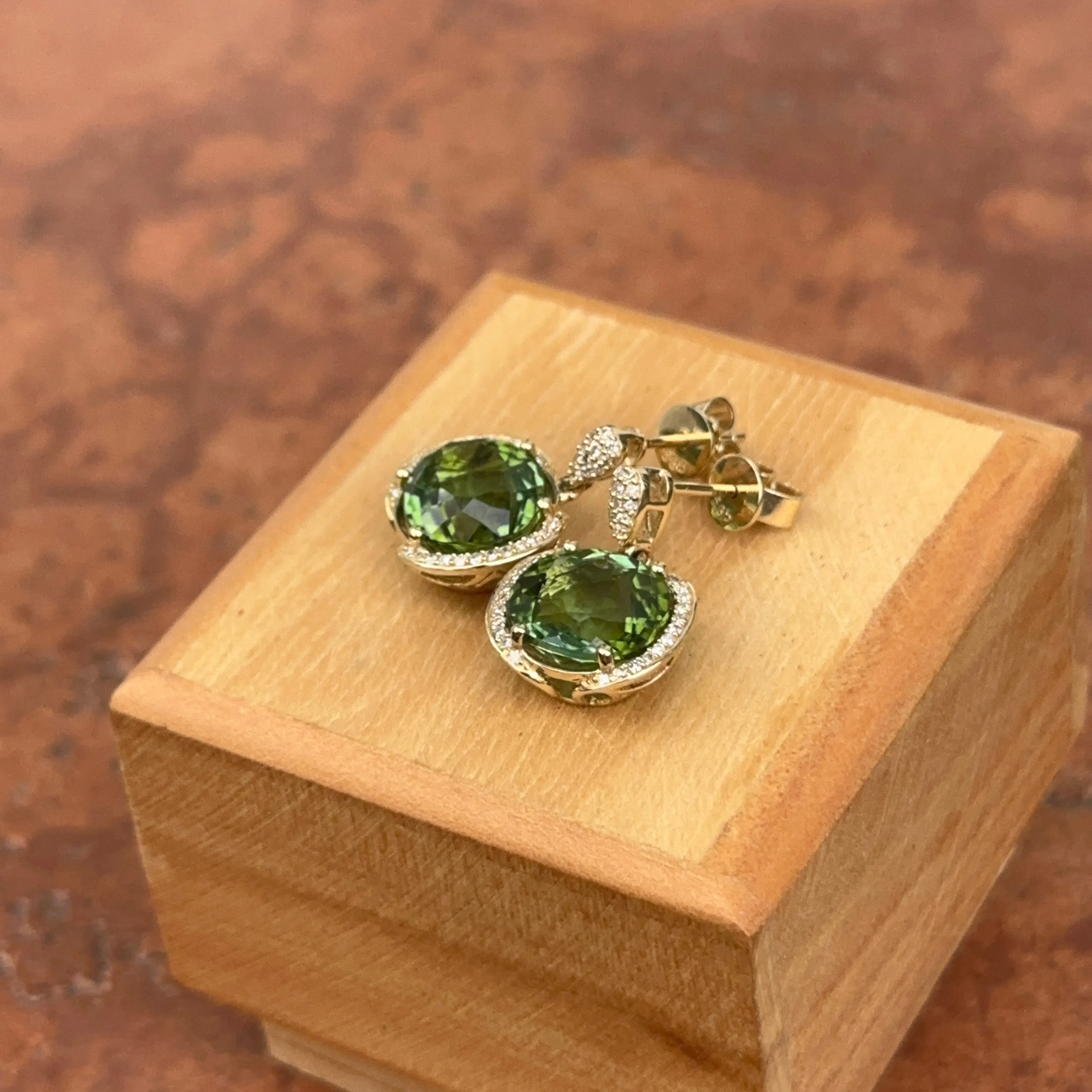 Estate 14KT Yellow Gold Green Tourmaline   Pave Diamond Earrings