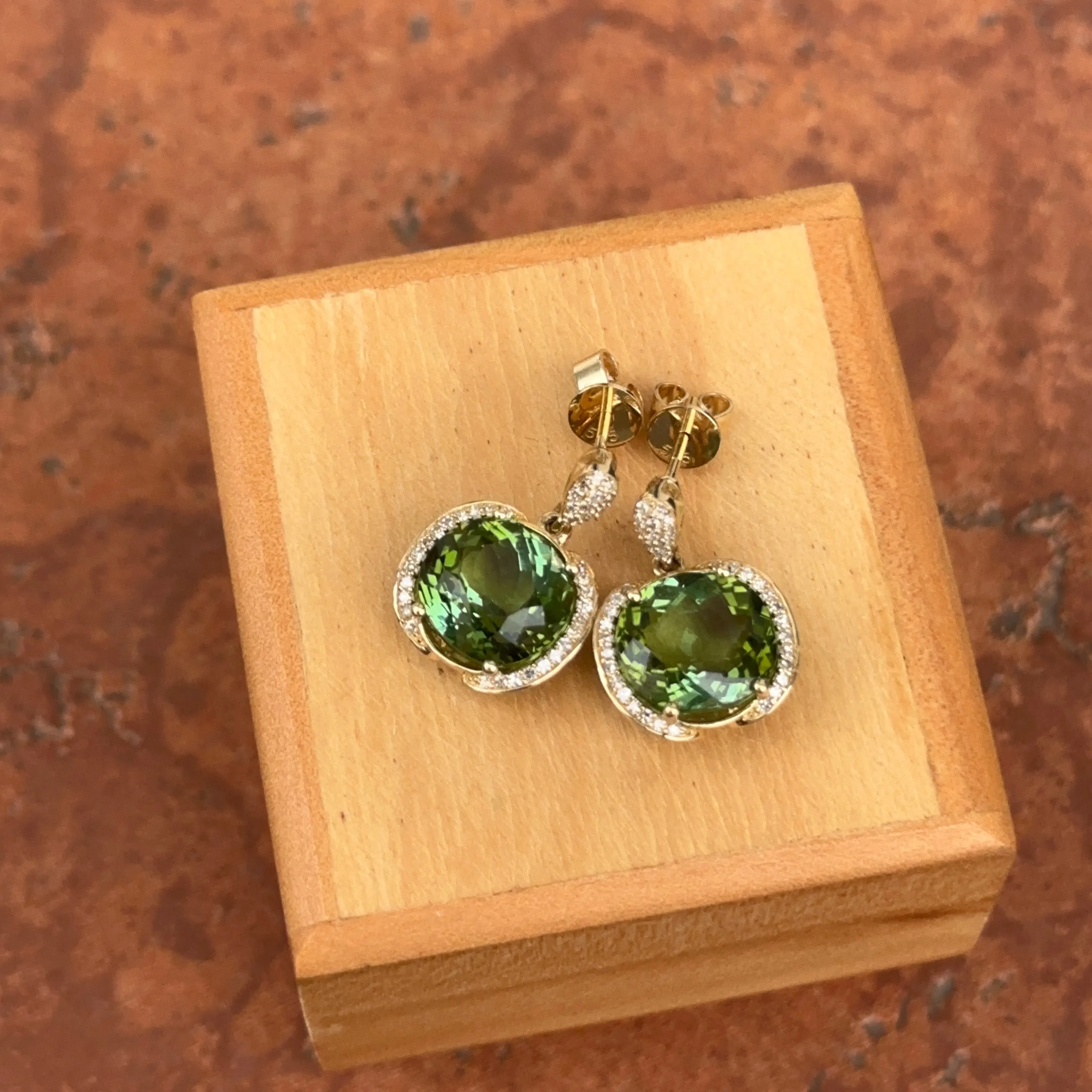 Estate 14KT Yellow Gold Green Tourmaline   Pave Diamond Earrings