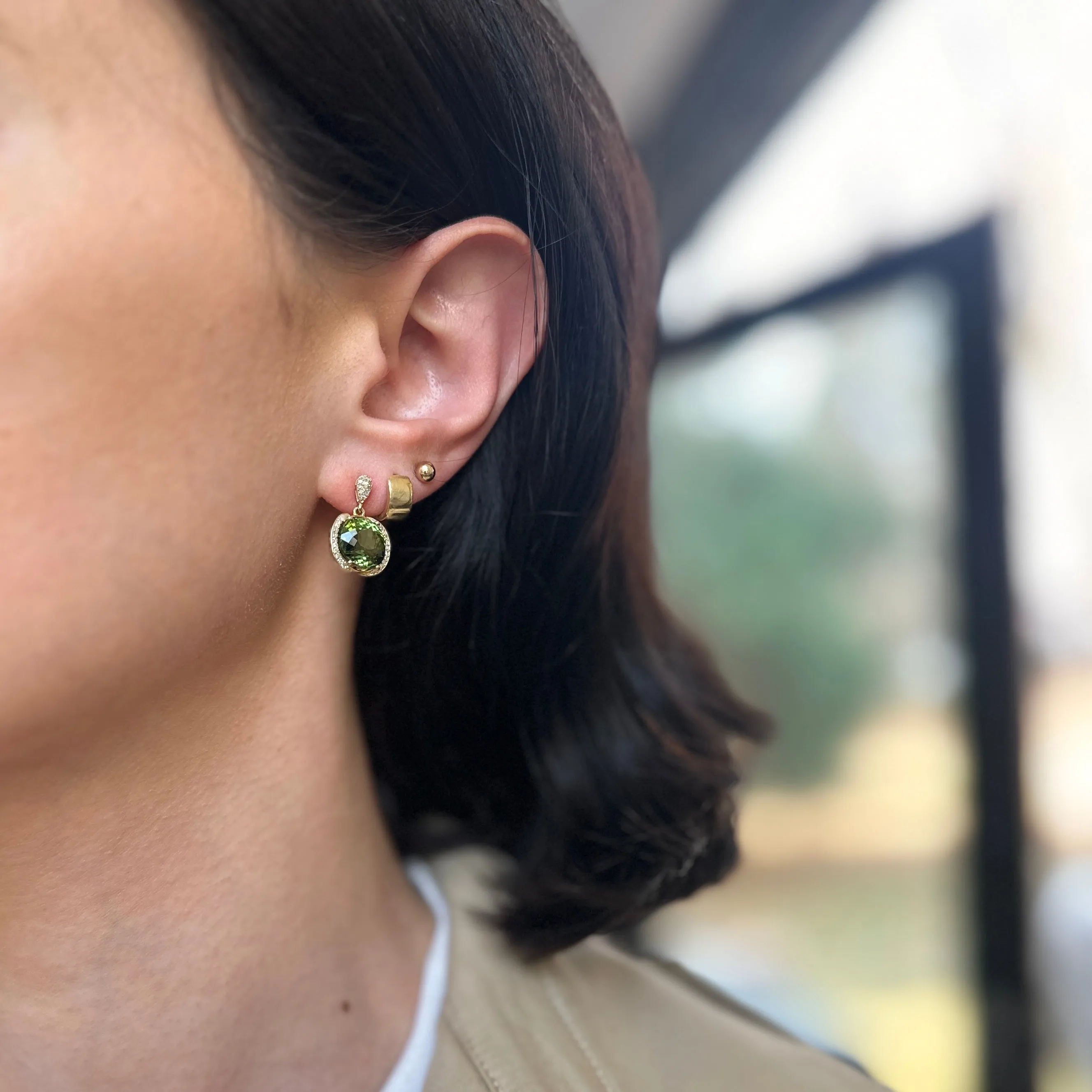 Estate 14KT Yellow Gold Green Tourmaline   Pave Diamond Earrings