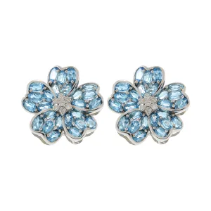 Estate 18KT White Gold Large Flower Earrings with Blue Topaz and Diamonds