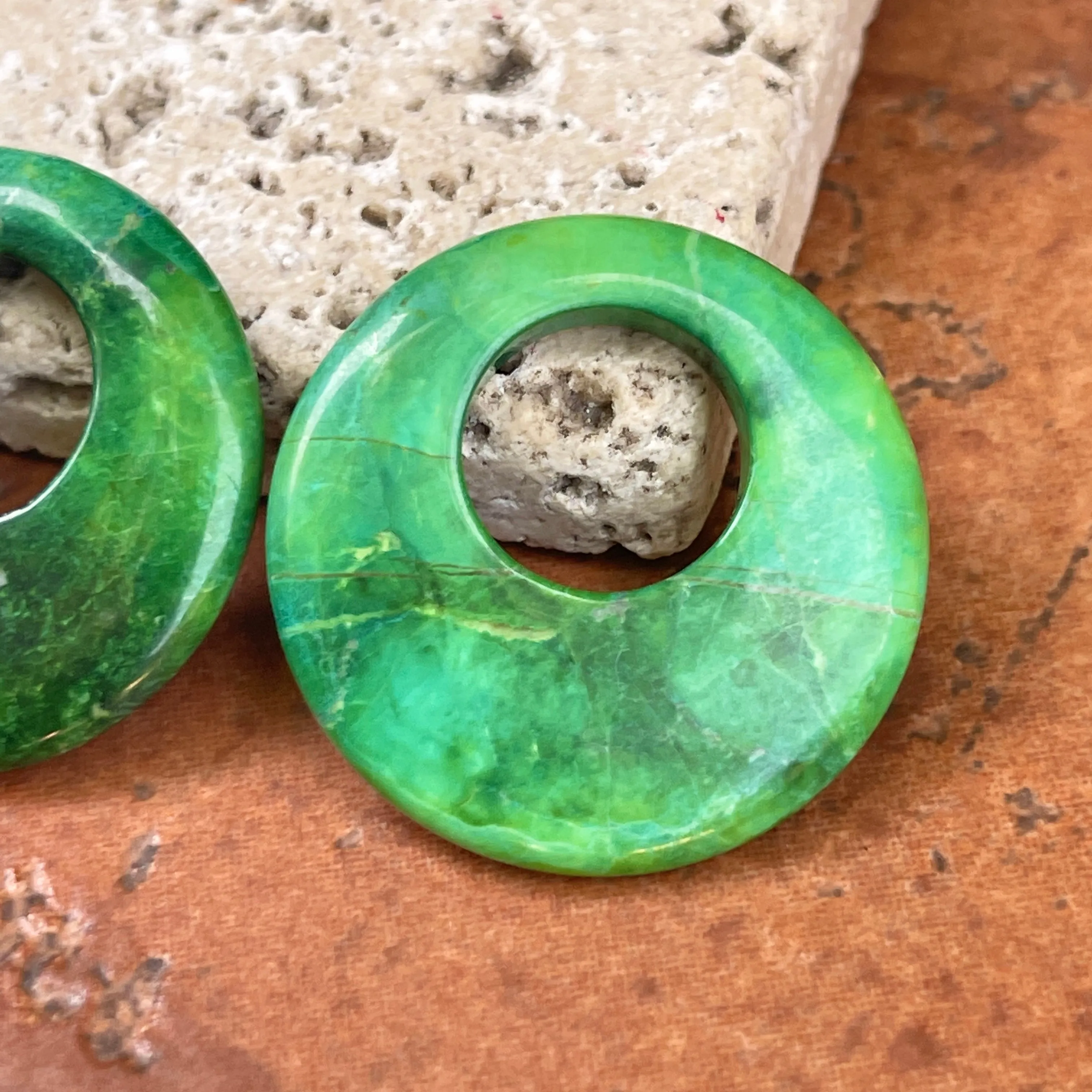 Estate Polished Green Howlite Round Donut Earring Charms 30mm