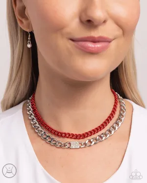 Exaggerated Effort - Red - Metallic Chain White Rhinestone Tiered Paparazzi Choker Necklace