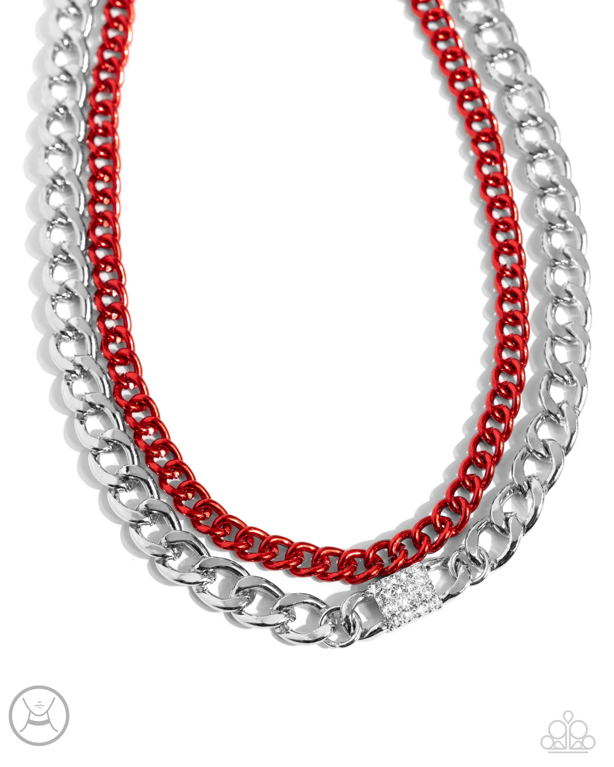 Exaggerated Effort - Red - Metallic Chain White Rhinestone Tiered Paparazzi Choker Necklace