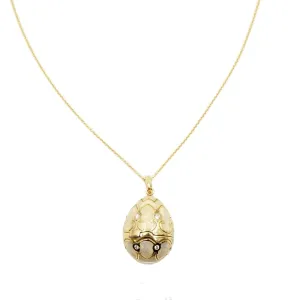 Faberge 18k Yellow Gold White Enamel Diamond Egg Pendant