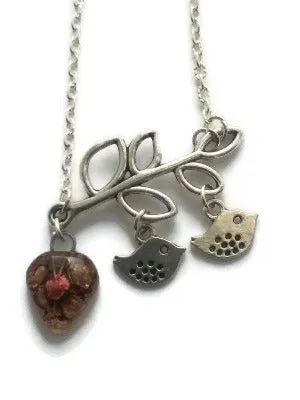 Family pendant. Bird pendant. Recycled Fused Glass necklace. Brown and Copper color heart shape bead