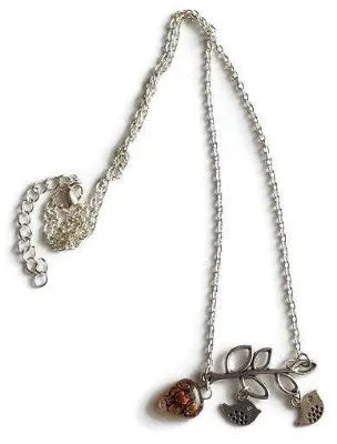 Family pendant. Bird pendant. Recycled Fused Glass necklace. Brown and Copper color heart shape bead