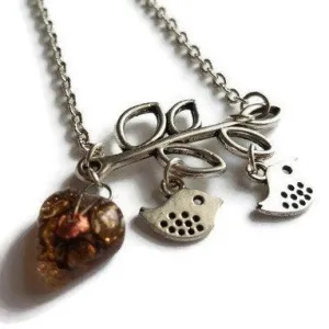 Family pendant. Bird pendant. Recycled Fused Glass necklace. Brown and Copper color heart shape bead