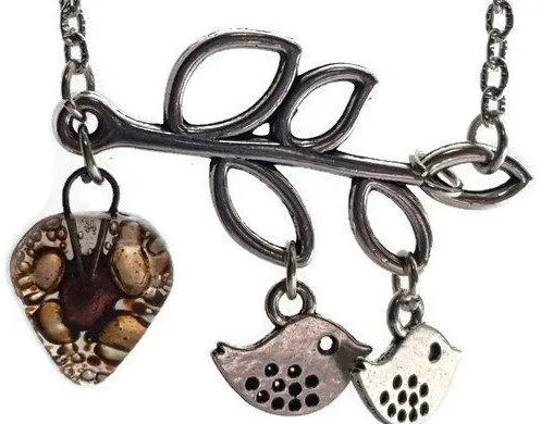 Family pendant. Bird pendant. Recycled Fused Glass necklace. Brown and Copper color heart shape bead