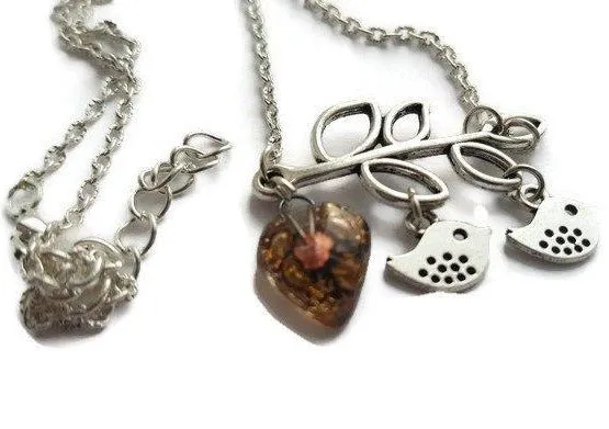 Family pendant. Bird pendant. Recycled Fused Glass necklace. Brown and Copper color heart shape bead
