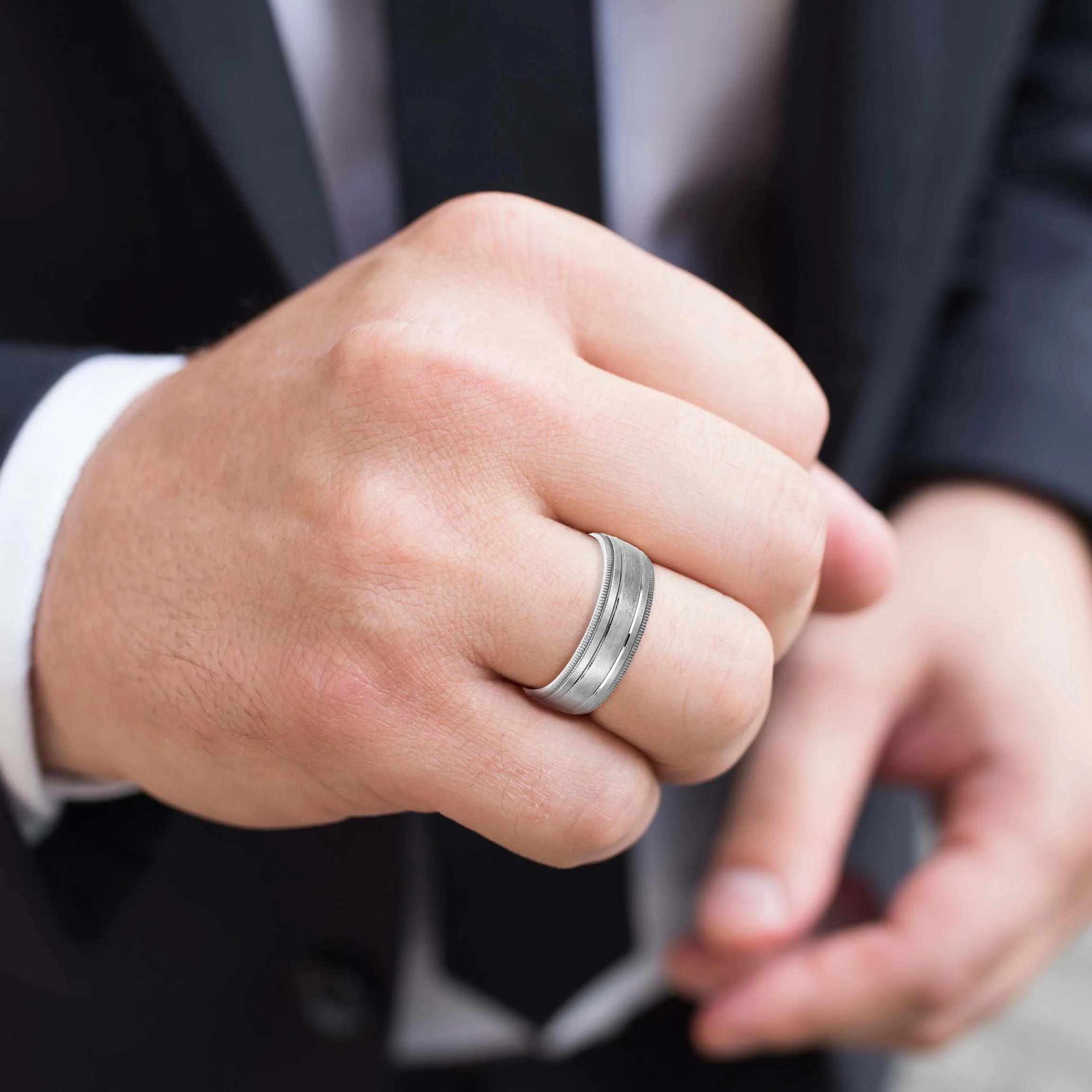Fancy Brushed Men's Wedding Band with Double Line and Milgrain Edges