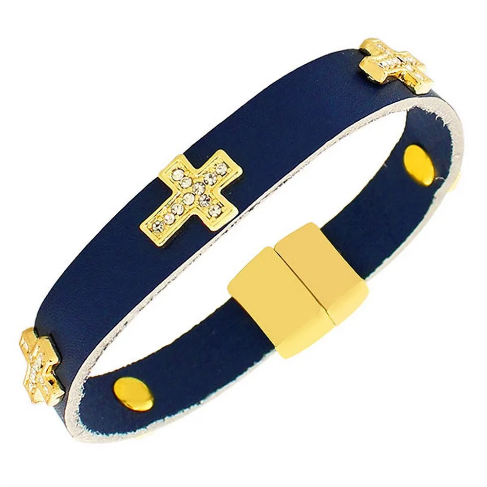 Fashion Alloy Blue Leather Yellow Gold-Tone White CZ Cross Religious Wristband Wrap Bracelet