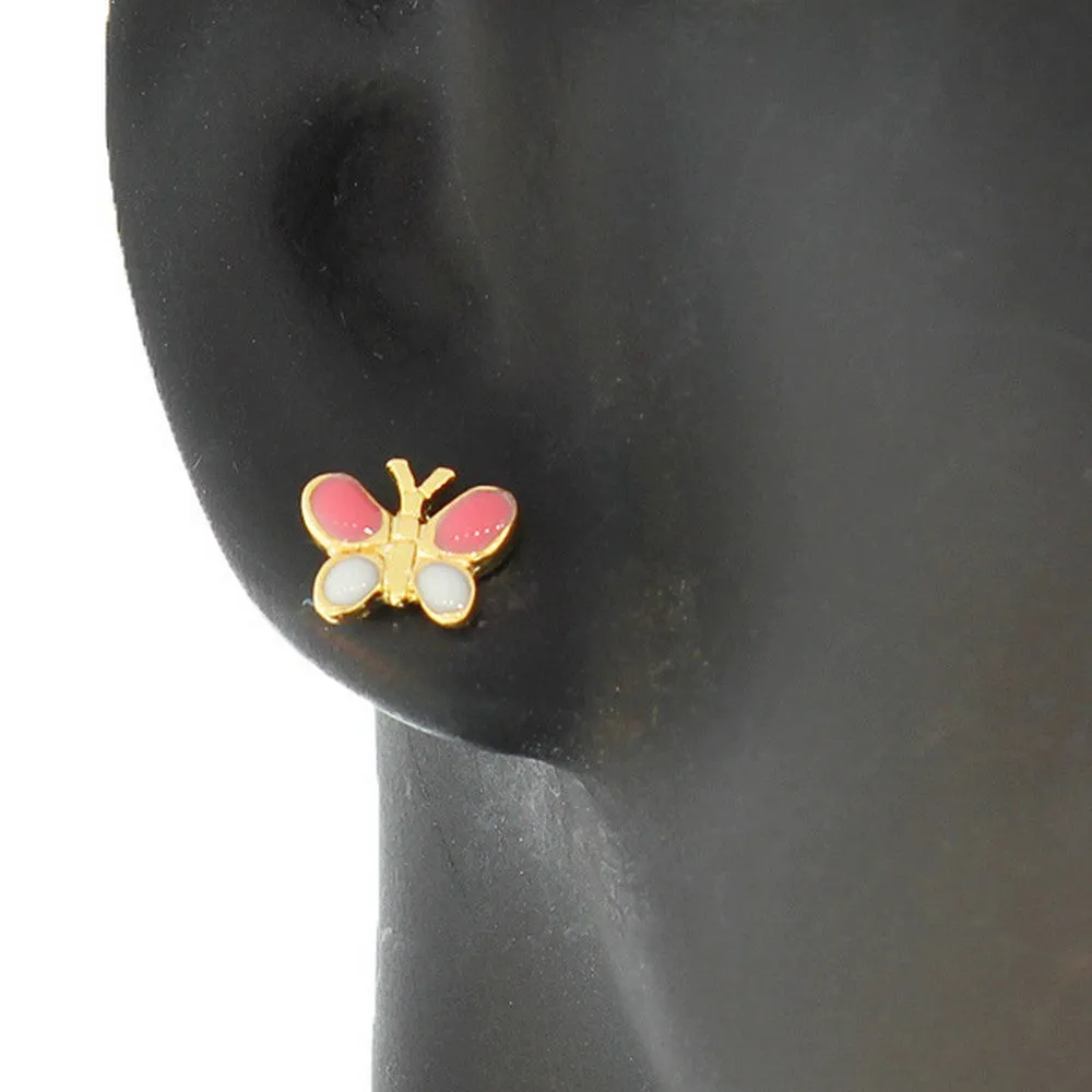 Fashion Alloy Yellow Gold-Tone White Pink Butterfly Stud Earrings
