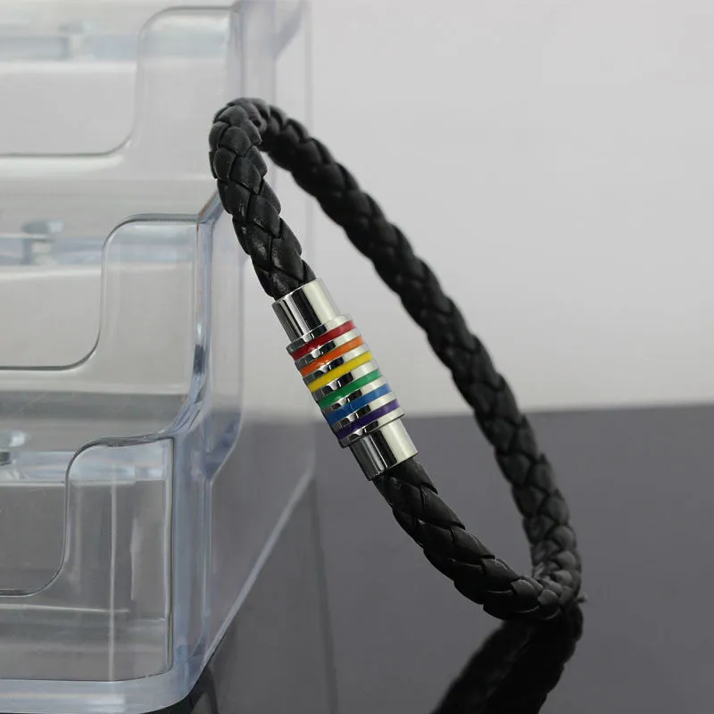 Fashion Charm Leather Bracelet Bangle For Men Women Stainless Steel Magnet Clasp Rainbow Jewerly
