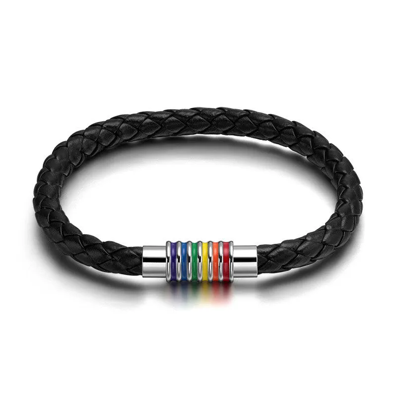Fashion Charm Leather Bracelet Bangle For Men Women Stainless Steel Magnet Clasp Rainbow Jewerly