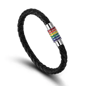 Fashion Charm Leather Bracelet Bangle For Men Women Stainless Steel Magnet Clasp Rainbow Jewerly