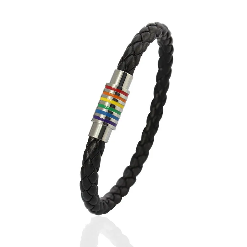 Fashion Charm Leather Bracelet Bangle For Men Women Stainless Steel Magnet Clasp Rainbow Jewerly