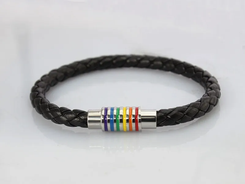 Fashion Charm Leather Bracelet Bangle For Men Women Stainless Steel Magnet Clasp Rainbow Jewerly