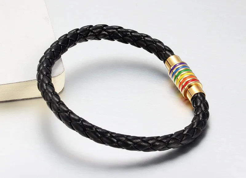 Fashion Charm Leather Bracelet Bangle For Men Women Stainless Steel Magnet Clasp Rainbow Jewerly