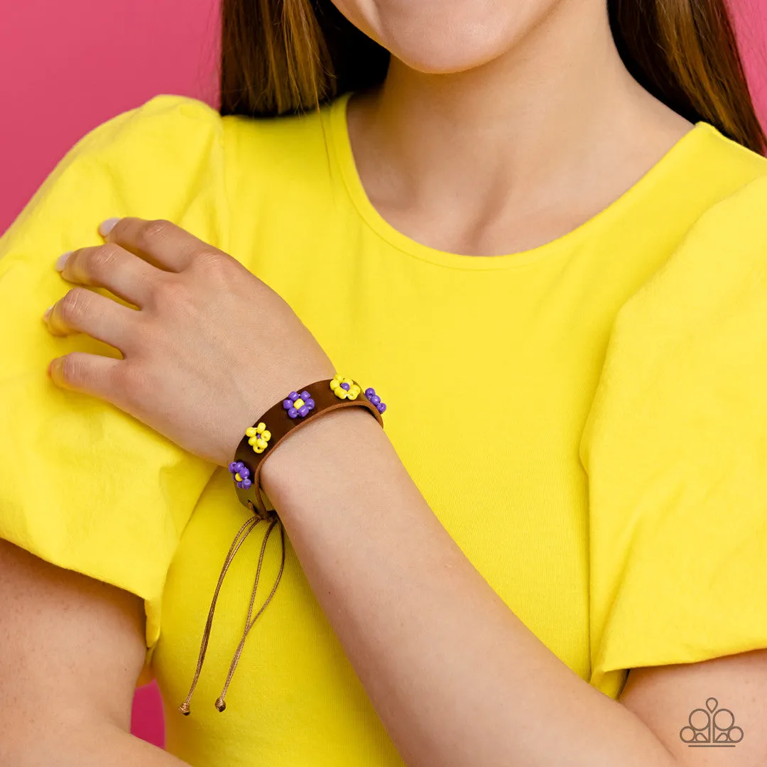 Flowery Frontier - Purple - and Yellow Beaded Flower Brown Leather Paparazzi Pull-Cord Bracelet