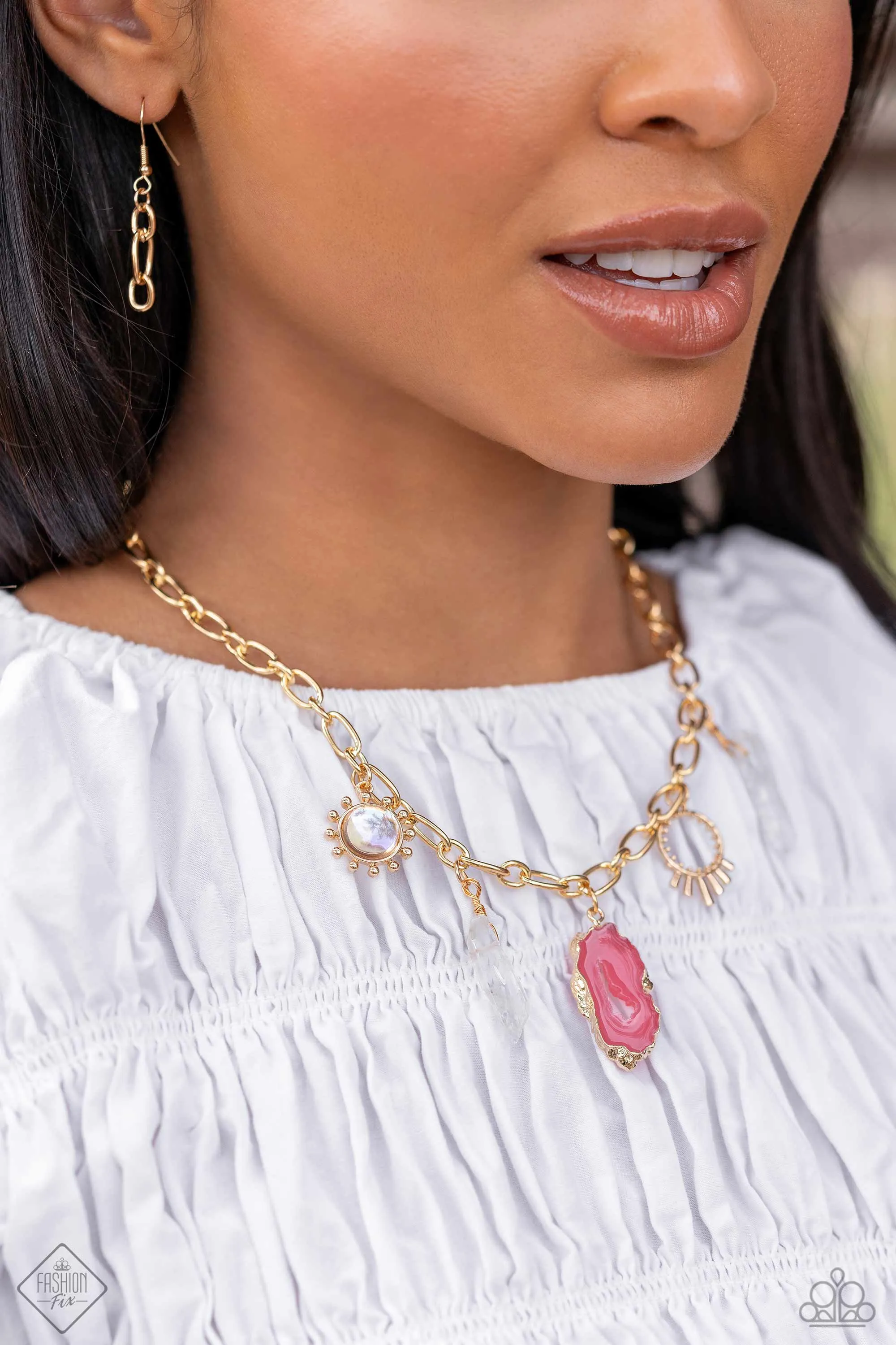 Geode Glam - Pink - Opalescent Bead Natural Stone Gold Frame Paparazzi Short Necklace - January 2024 Simply Santa Fe
